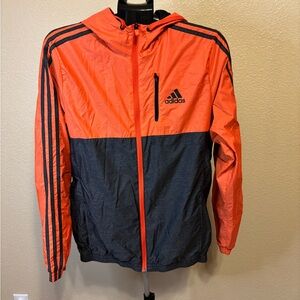Adidas Men’s Medium Hooded Windbreaker Jacket Orange Black 3 Stripe
